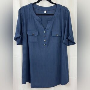 SHEIN - Navy Blue Striped Short Sleeve V-Neck Blouse Silver Buttons Accents.  XL